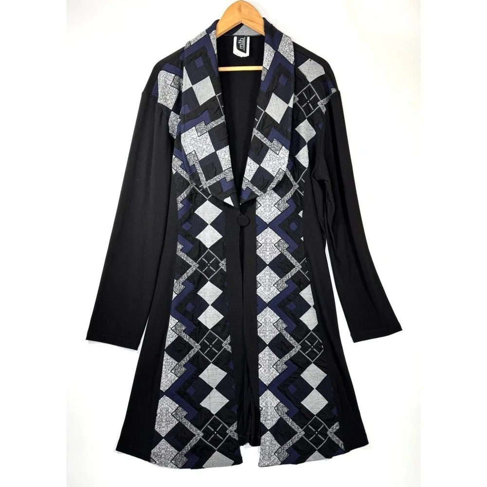 MIB Making it‎ Big Duster Jacket Womens 1X Black Blue Geometric Long Cardigan